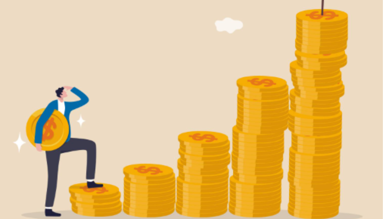 A person climbing growing piles of coins.