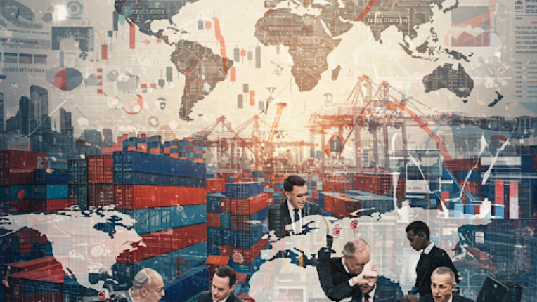 An image of maps, people shaking hands and stock market information.