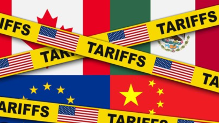 An image showing four flags covered in US tariffs.