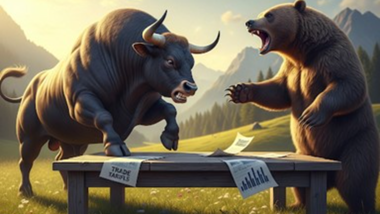 An image of a bull and bear arguing about tarrifs.