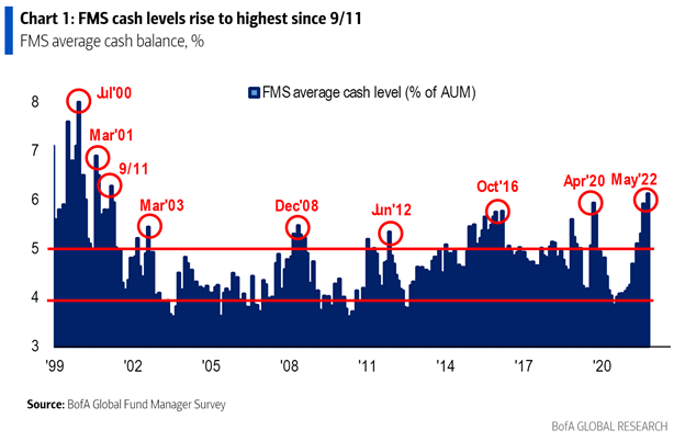 Institutional cash levels are elevated and provide a contrarian buy signal for equities. 