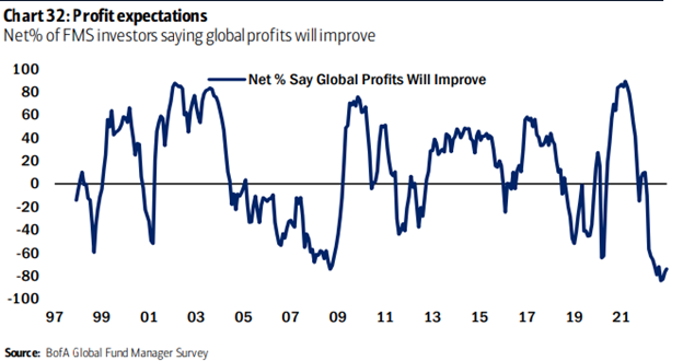 A chart showing that almost 80% of professional money manager believe that profits will be worse in 2023 than 2022.